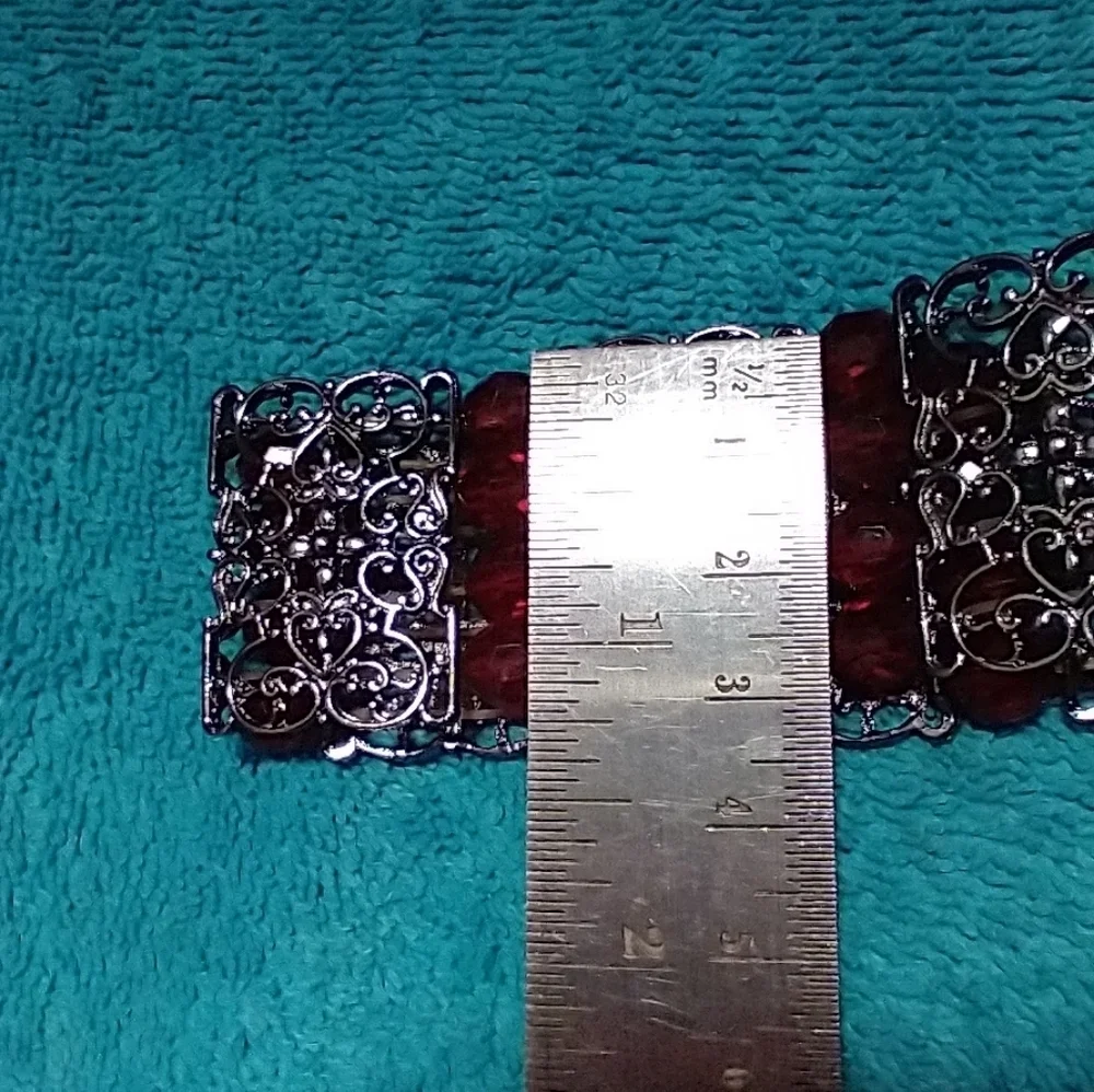Elegant Red Faceted Beaded Silvertone Stretch Bracelet Wide Gothic